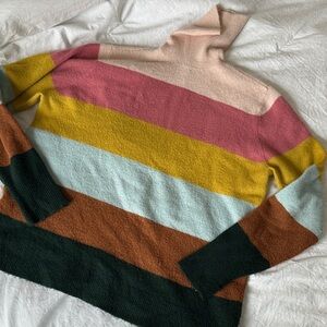 Halogen x Atlantic Pacific Striped Turtleneck Sweater in Pink, Mustard & Teal